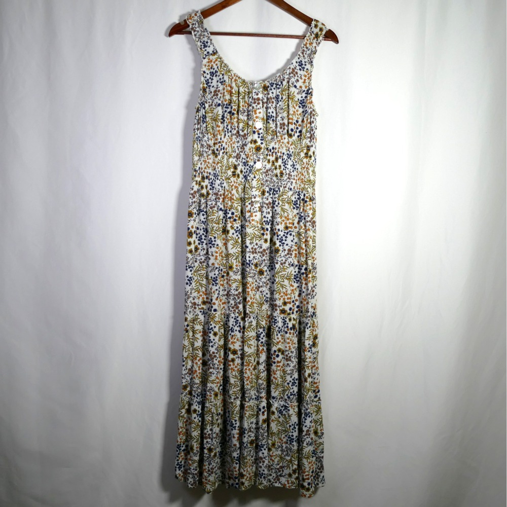 Womens Floral Tiered Milkmaid Midi Dress Size L Smocked Coquette Cottagecore